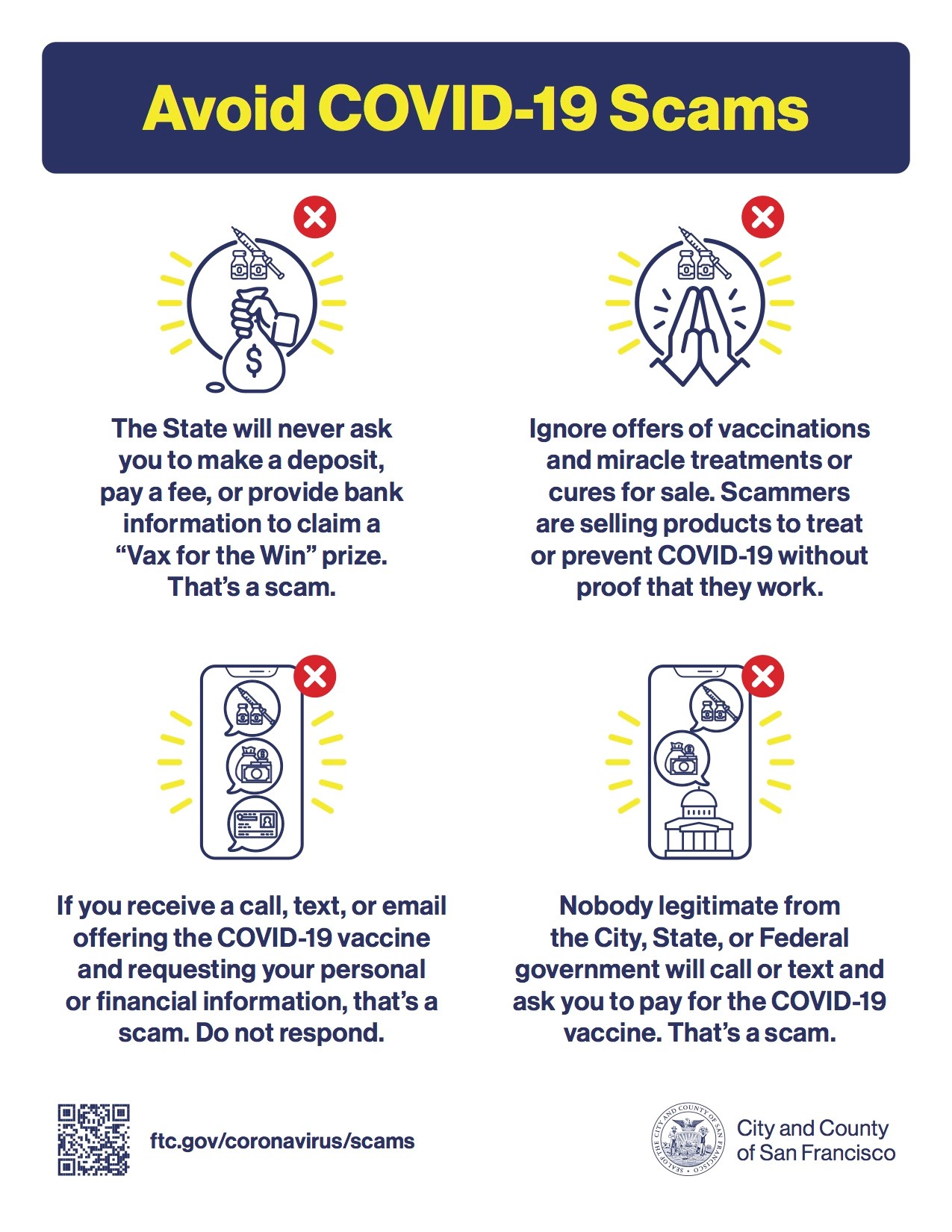 SFDPH on Twitter: "COVID-19 vaccine scams are increasing in our community.  Remember, the State will never ask you to make a deposit, pay a fee, or  provide bank information for a vaccine.