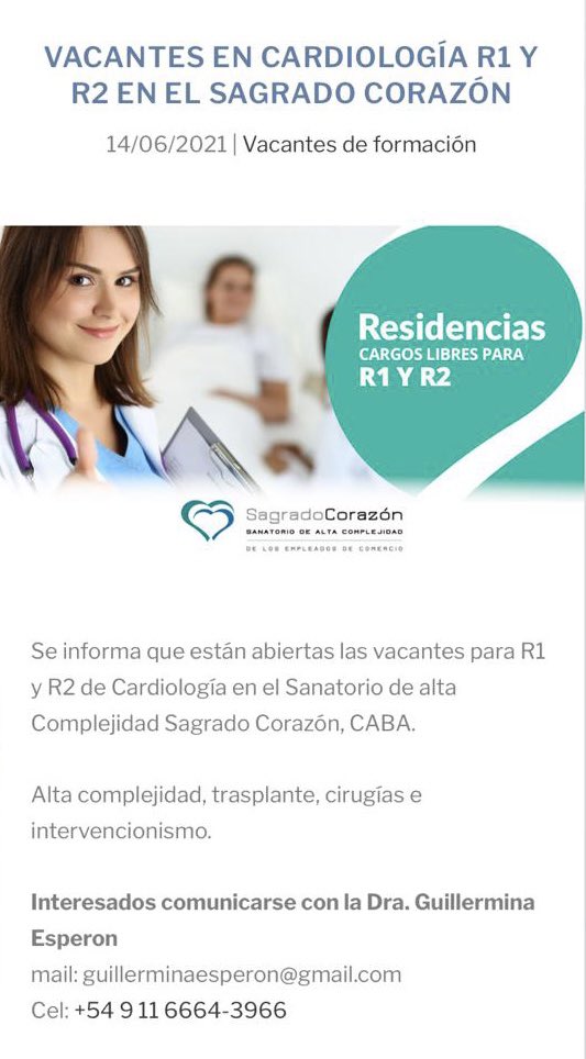 Si te interesa Cardiología, Sagrado Corazón cuenta con un gran Servicio..
-IC Avanzada, trasplante e HTP
-Cx convencionales y congenitas.
-Intervencionismo de última generación.
Mucho más..
Vacantes en Cardiología R1 y R2 en el Sagrado Corazón