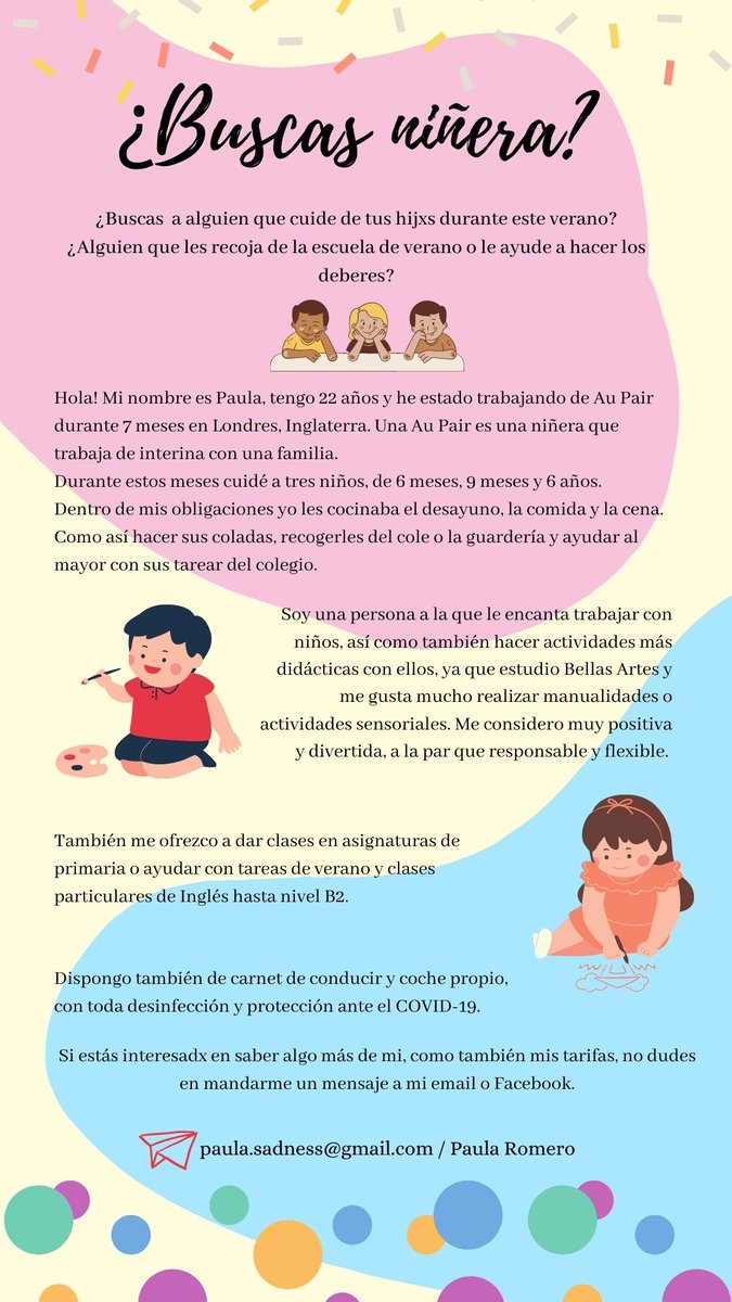__paulaschultz's tweet photo. Hola chicxs, ando buscando trabajo de lo que sea... Y me he hecho una pequeña carta de presentación de niñera, si me ayudais a compartir os lo agradezco 🥺💗 https://t.co/OJPaRYUssH
