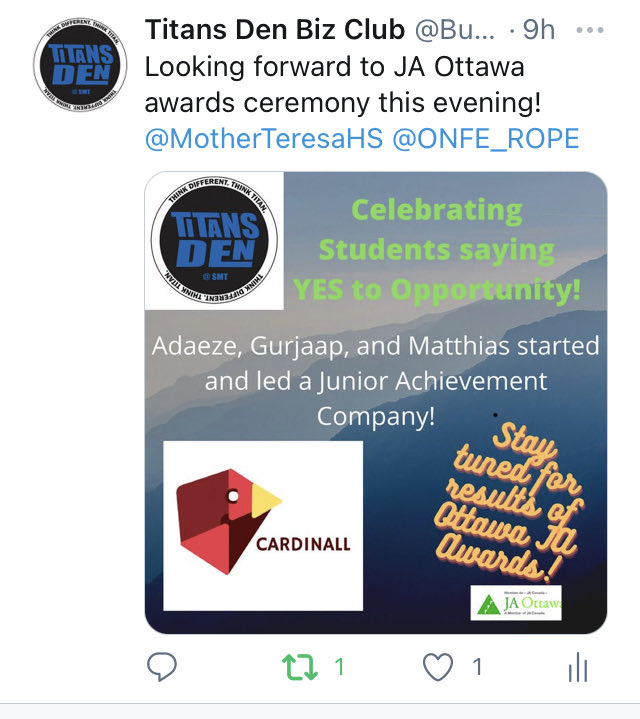 BusinessBuzzMT's tweet photo. Woo hoo!!! Cardinall wins Company of the Year for JA Company program Ottawa. Shout out to SMT students Adaeze, Gurjaap, and Matthias!! ⁦@MotherTeresaHS⁩ https://t.co/ll1CeGn1mo