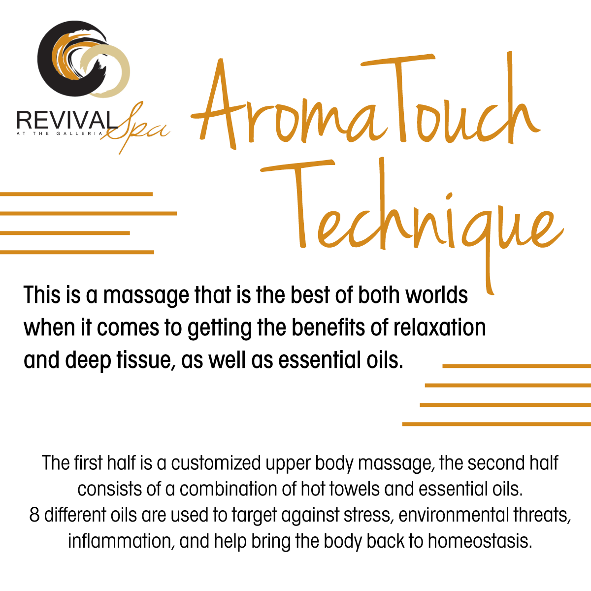 Did you know the Revival Spa offers the Aromatouch Technique? 

This massage technique offers combines the best of the benefits of a massage -- you won't be disappointed!

Schedule yours today at revivalspa.com