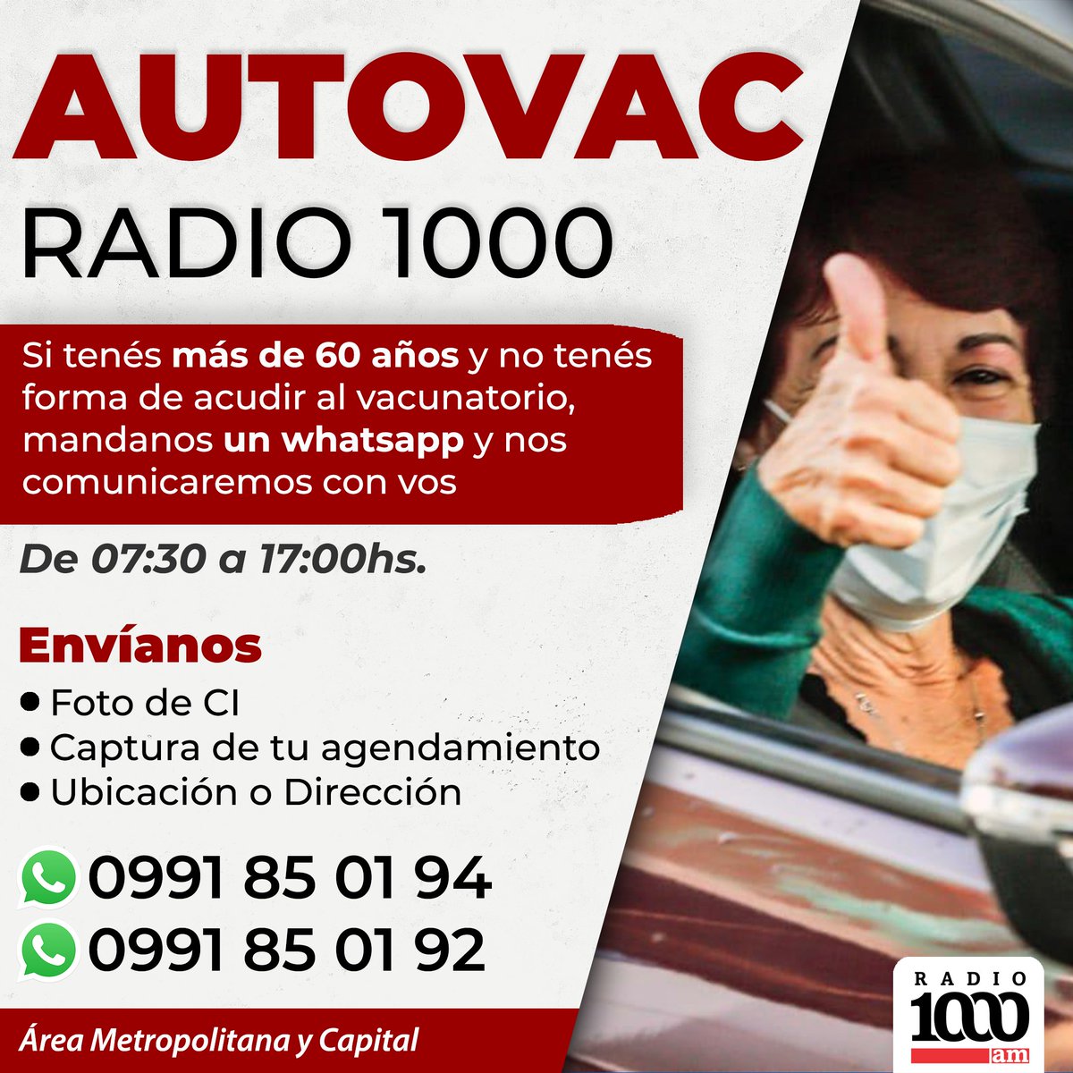 RADIO 1000 TE LLEVA A VACUNAR |💞

🗣 Si tenés más de 60 años, estás agendado para recibir la dosis de la vacunas contra el #COVID19, y no tenés forma de llegar hasta el vacunatorio, nosotros te acercamos. #1000am📻🎙