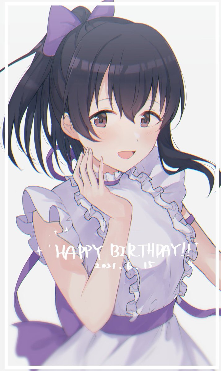 1girl solo happy birthday ponytail black hair bow smile  illustration images