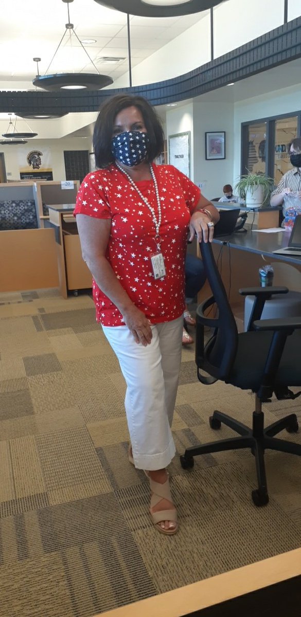 Mrs. DiCicco is dressed for red, white, and blue day on the hilltop!! ❤🤍💙 
<a href="/SpartansStuCo/">MHS Student Council</a> <a href="/hilltopspartan/">Montour High School</a>