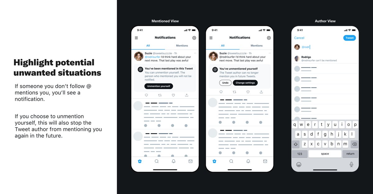 Shows notification "You've been mentioned in this Tweet." Shows "you've unmentioned yourself" notification.
