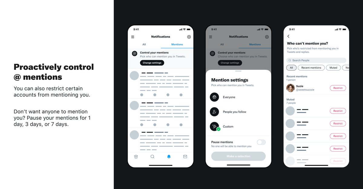 Shows mention settings. Choose "everyone", "people you follow", or "custom". You can also pause mentions and restrict accounts from mentioning you. 