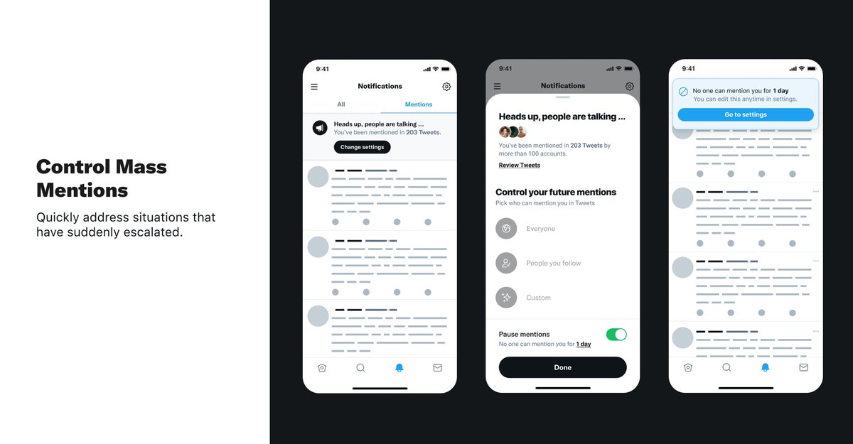 Notification "you've been mentioned in 203 Tweets." From there, review tweets, change mention settings, or pause mentions. 
