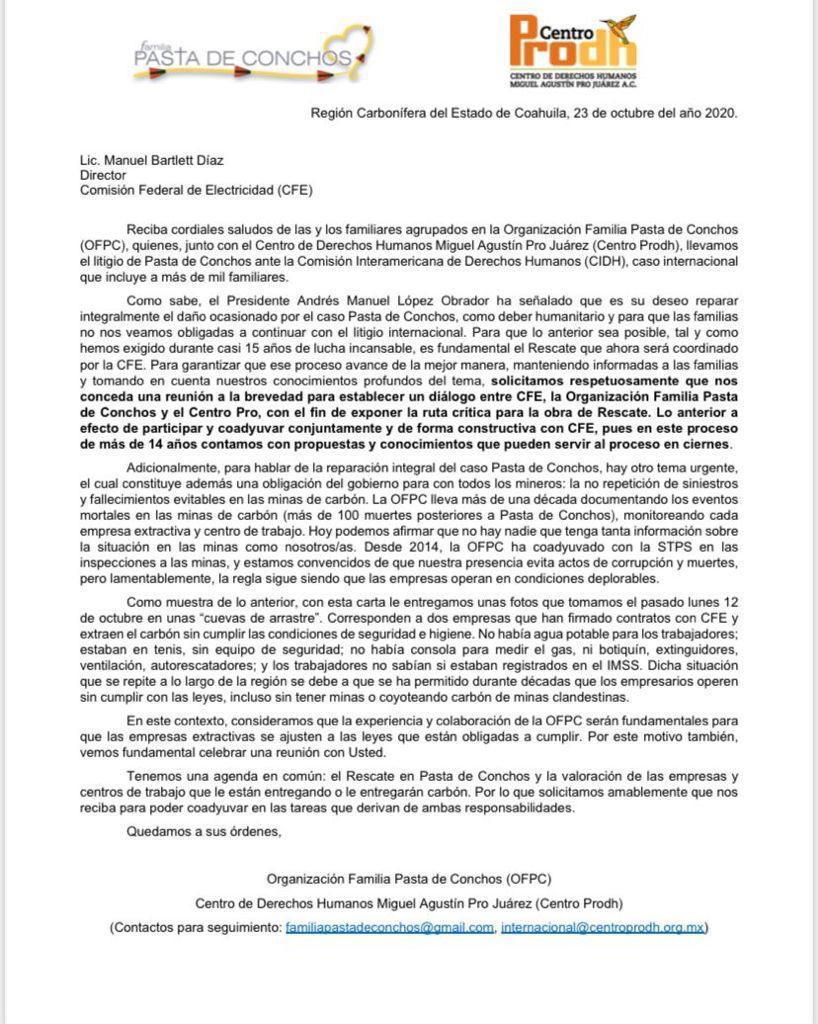 … en las minas de carbón que tienen contratos con la <a href="/CFEmx/">CFEmx</a> que usted dirige. Usted no los ha atendido y tampoco acudió ante las familias de los mineros atrapados. Antes de repartir culpas, lo invito a que asuma sus responsabilidades, que por ley le corresponden. (6/10)