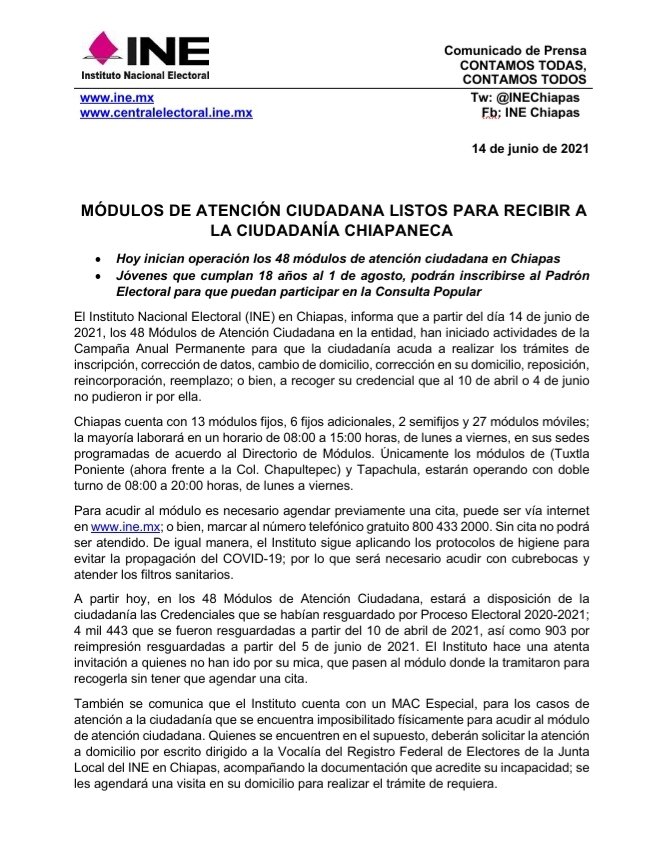 INE_Chiapas's tweet photo. 📃COMUNICADO || Módulos de Atención Ciudadana listos para recibir a las y los chiapanecos. 
🔸️Hoy inician operación los 48 módulos en Chiapas
🔸️Jóvenes que cumplan 18 años al 1 de agosto, podrán inscribirse al Padrón Electoral para que participen en la #ConsultaPopular
⬇️ https://t.co/4pC6BFtWzp