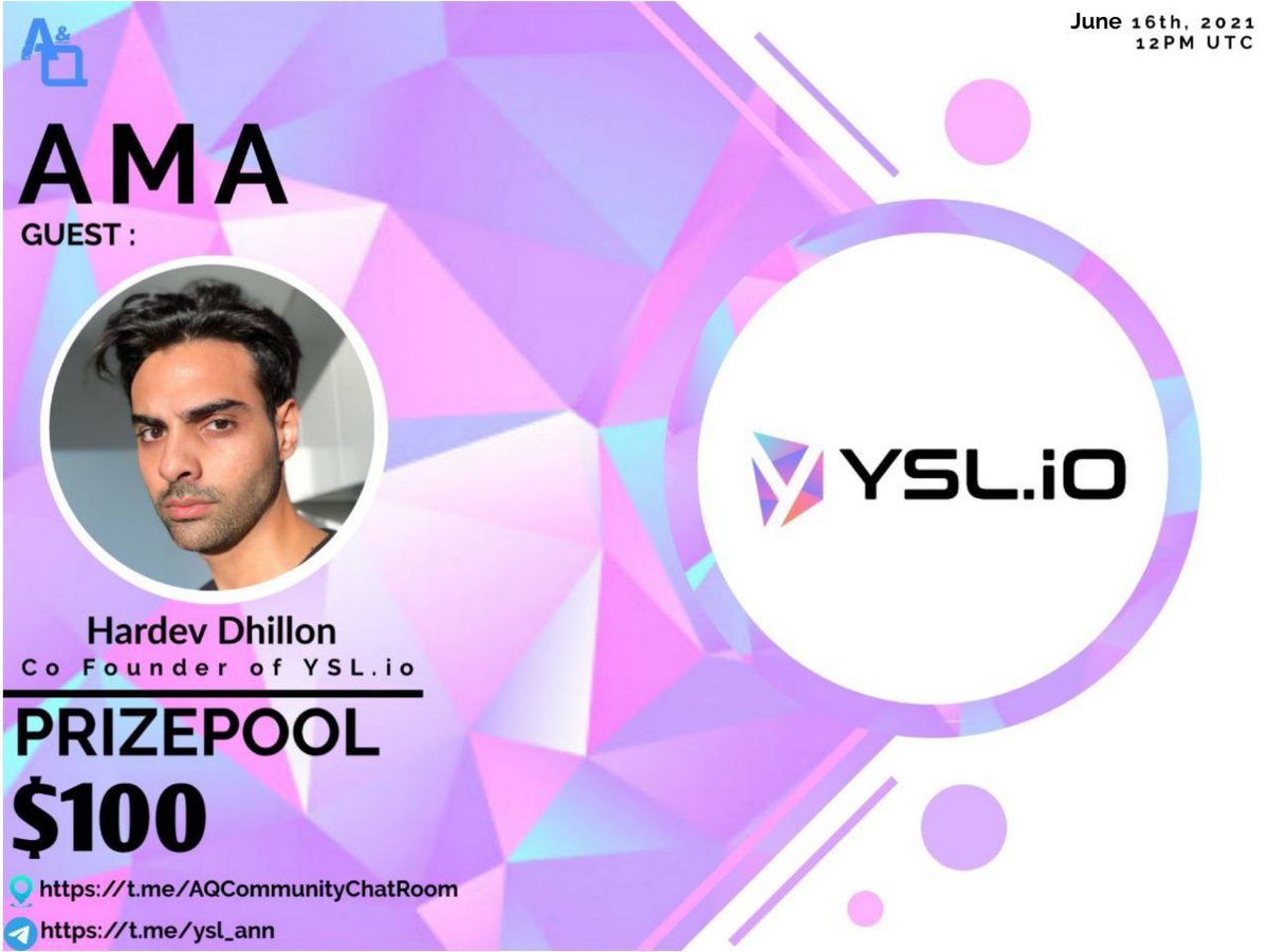 DexterCall_io's tweet photo. 🔔AMA SERIES With https://t.co/vPDZm74RbP

🏢Venue : https://t.co/Gof3YLlU3A
📅Date : On June 16th
⏱️Time : 12 PM UTC

📜Rules:
1.Join the https://t.co/Gof3YLlU3A
2. Follow Twitter @ysl_io and  @AQ_Community
3. Like , Retweet , &amp; Tag 3 friends
4. Post questions in the comments https://t.co/HETwk0r2uy