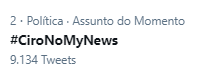 trabalhistaCE's tweet photo. Já estamos em 2°, cola lá, e manda a #CiroNoMyNews 

Link: https://t.co/iMpkm0CbiQ. https://t.co/1nWp6tm4C3