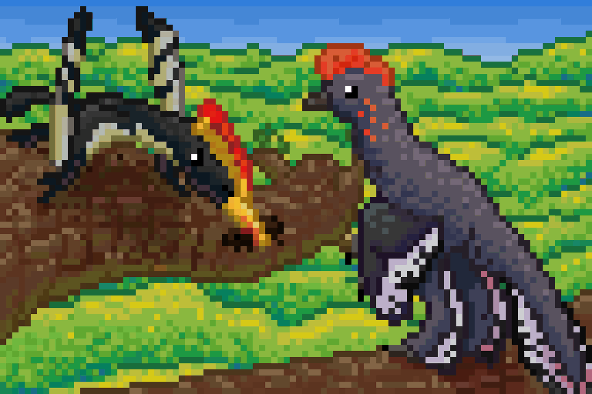 Throudon's tweet image. Imo pixel art is quite underrated in paleoart so I tried to create my own one. Here are #anchiornis and #darwinopterus sitting on the branches of an ancient ginkgo. Pterosaur holds a #docofossor corpse in its mouth.
#paleoart #pixelart #paleontology #art #dinosaur #pterosaur