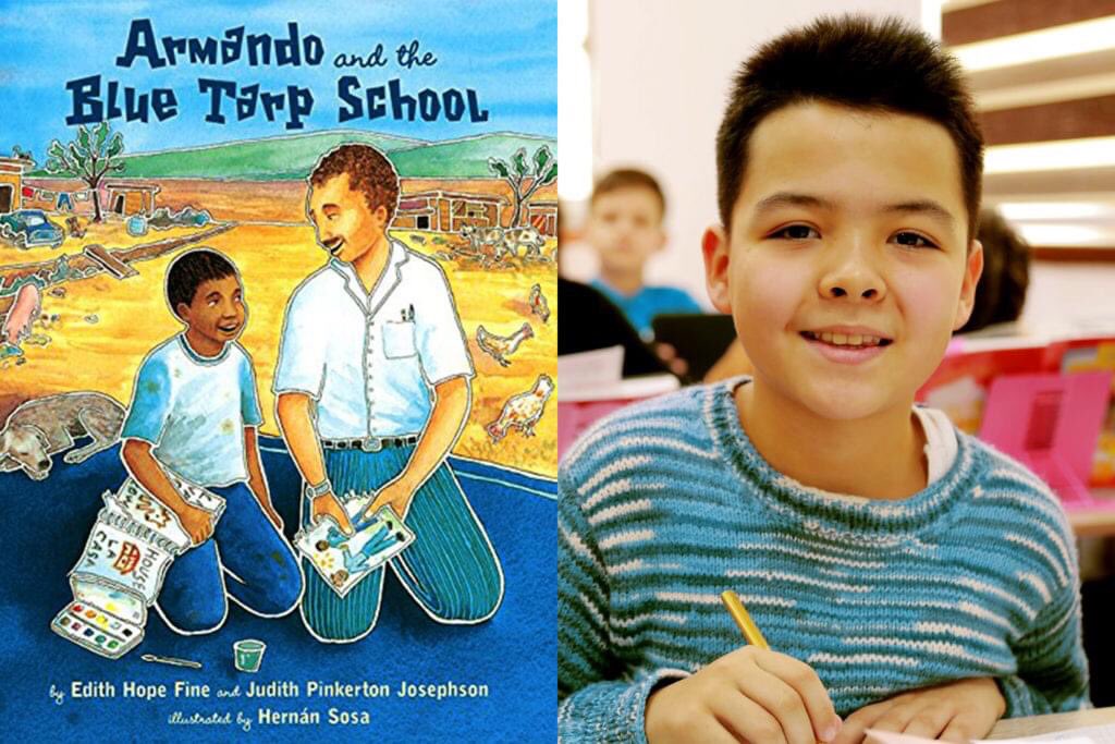NewBookJoy's tweet photo. Armando &amp; the Blue Tarp School by @FineEdith &amp; @JosephsonJP ✨📖💛 This #picturebook tells of the bonds between a boy, his dad &amp; his #teacher as they work together to procure a good #education that'll foster a fulfilling &amp; successful future... https://t.co/poz9SQYmWv https://t.co/n8vR5r4Oop