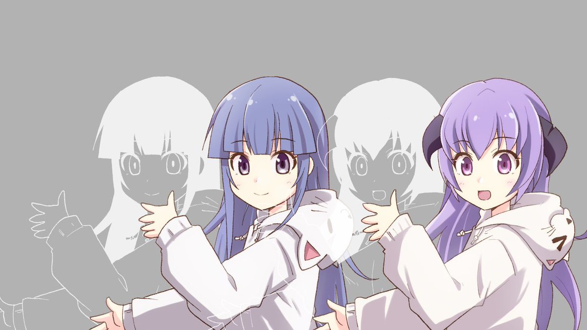 furude rika ,hanyuu multiple girls 2girls horns purple eyes long hair purple hair hood  illustration images