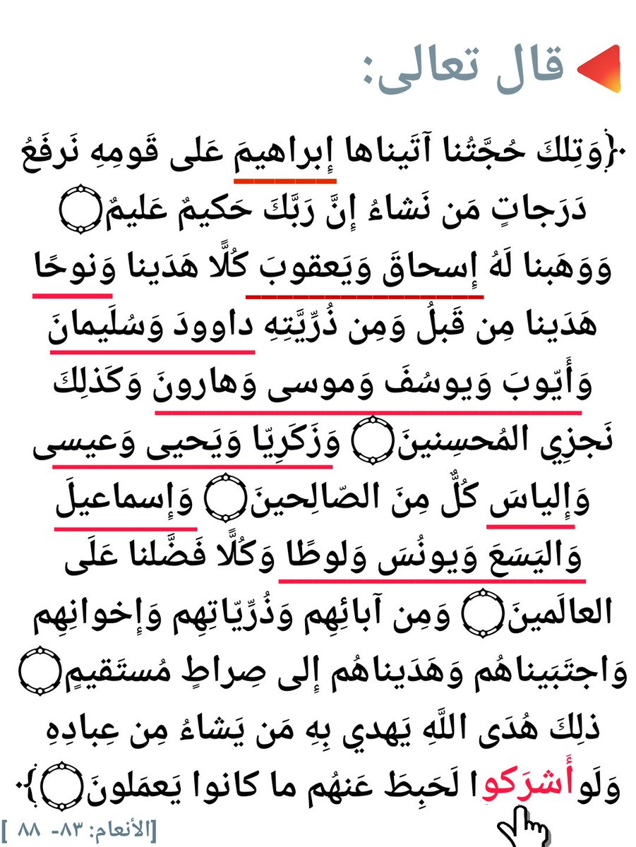 🔺️التوحيد التوحيد 

أثنى الله سبحانه و تعالى على 18 رسولا و نبياً في سياق واحد مُتَّصِـل
. ثم خُتم الثنــــــــــــــاء بقوله: 
.« ولو أشركوا لحبط عنهم ما كانوا يعملون »
🔺️ لا مُـجاملـة في التوحيــــــــد .. !!
