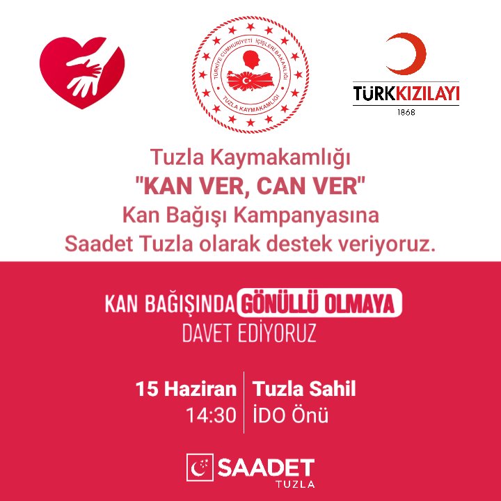 saadettuzla's tweet photo. Tuzla Kaymakamlığının organize ettiği "Kan Ver, Can Ver" Kan Bağışı Kampanyasına #saadettuzla olarak destek veriyoruz.

Tüm hemşehrilerimizi ve teşkilat mensuplarımızı 15 Haziran Saat:14.30'da Tuzla Sahilinde, Kan bağışı gönüllüsü olmaya davet ediyoruz.

@Tc_Tuzla_ 
@tuzlakizilay https://t.co/gY6cKJm8Gi