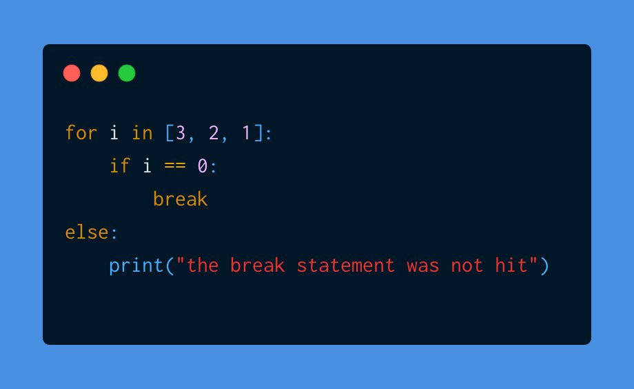 FlippingDemBits's tweet image. Python trick #1:
.
Python for loops have a little known ability. The else statement will be executed if no breakpoints are hit in the for loop. This is useful to remove the need for a variable
.
#Python #LittleKnownPython #PythonTricks