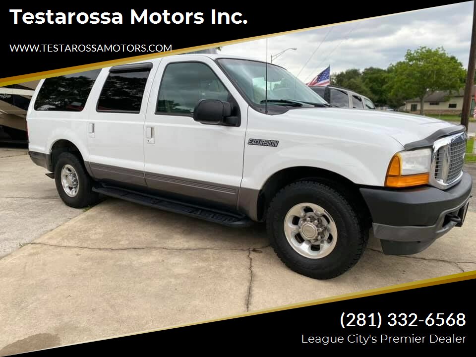 TestarossaTX's tweet photo. The KING of all SUV's that seats 8! Comes equipped with the legendary 7.3L V8 Turbocharger Diesel. Hard to FIND 2001 FORD EXCURSION XLT. TESTAROSSA MOTORS LEAGUE CITY'S PREMIER AUTO DEALER SNCE 1995. #Excursion #Ford #Houston #Texas #Summer2021 #truckscheap #cheap #Bitcoins https://t.co/TwzhLxpXsO