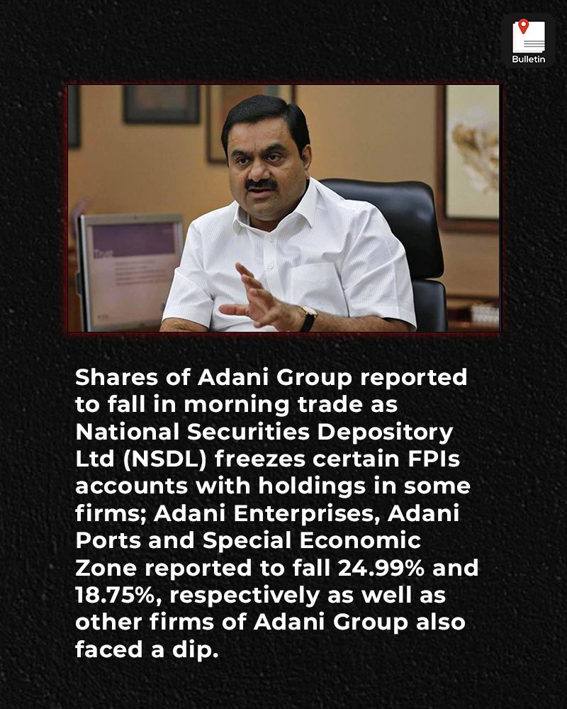bulletin_eng's tweet photo. Adani Group loses Rs 55,000 crore in one day.
.
.
.
.
.
.
.
.
.
.

#FeedBulletin #DailyBullets #DailyDigest #24x7Bulletin #TodayBulletin #TrendyBullets #BulletinCards #BulletSynopsis #EconomyUPDATE #adani #NSDL #Loss #Shares #10billiondollars #Downfall #Capital #Networth https://t.co/svKv8Ydgta