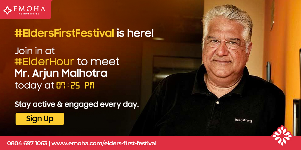 Few slots left! Over 200,000 people have signed up for India's 1st ever #EldersFirstFestival. Tune in to #ElderHour today at 7:25 PM &amp; listen to Mr. Arjun Malhotra, Co-Founder HCL &amp; Headstrong.

Sign up for free via bit.ly/3xhvHck or call us at 08046971063.

#EldersFirst