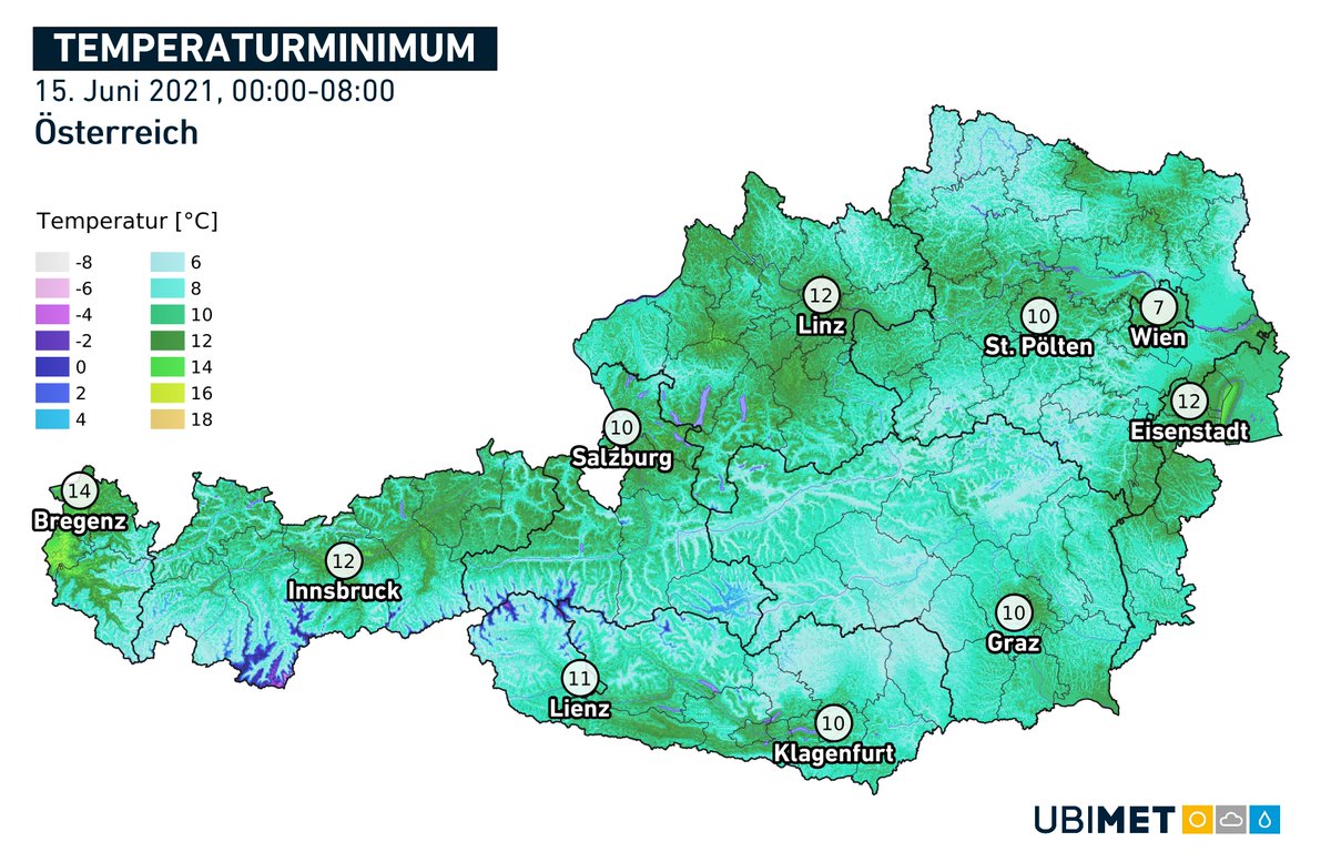 uwz_at's tweet photo. Vergangene #Nacht perfekt zum Durchlüften - verbreitet um die 10 Grad. Richtig frisch z.B. in Turnau (Steiermark) mit 5 Grad oder Summerau (Mühlviertel) mit 6 Grad.
Große Unterschiede dabei in #Wien: zwischen 7 Grad in der Westeinfahrt und 14 Grad am Karlsplatz. https://t.co/8VeAvrOXWD