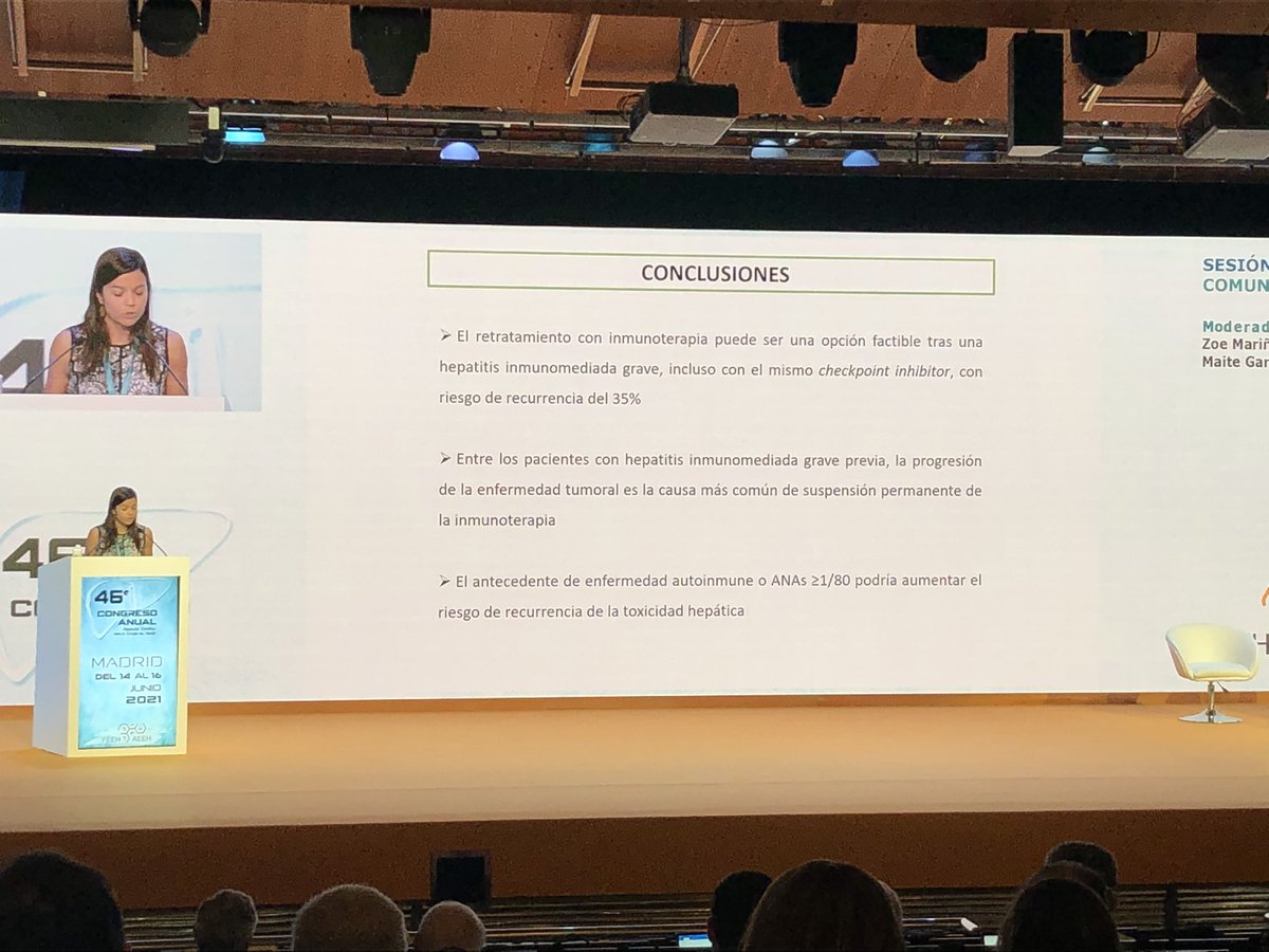 ¿Puedes retratar a un paciente con inmunoterapia tras una hepatitis inmunomediada grave?
🧐🧐🧐🧐
🤓Puede ser factible
🔁 Riesgo de recurrencia 35%
🔎 Antecedentes de enf autoinmune y ANA >1/80 podría aumentar este riesgo #AEEH2021 <a href="/mar_riveiro/">Mar Riveiro</a>