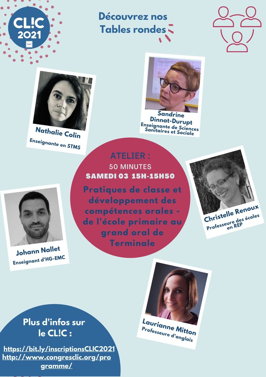 CLIC_congres's tweet photo. #CLIC2021 #TABLERONDE
Avec Franck Belleme, @M_A_D_Ateammimi, @Michaleck1, @M_Guerente, @Lizringuet, Marie Métais, @LaetitiaLeraut, @DinnatSandrine, @RenouxChristel1, @Lmitton, @JohannNallet et @NColinST2S
Animées par @SVTournerie
https://t.co/THRxH2wHrn
https://t.co/qgwphHbAAC https://t.co/ACBiDA2ft0