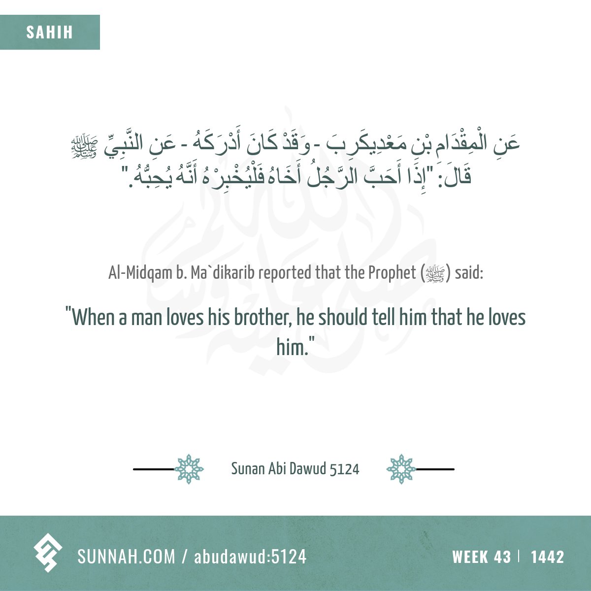 Week 43: On brotherhood and love
Sunan Abi Dawud 5124
sunnah.com/abudawud:5124
