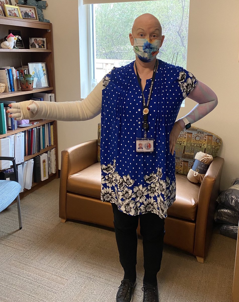 claremcory's tweet photo. If you are uncomfortable in a mask, I challenge you to ONE hour in lymphedema bandaging. More funding/rsch urgently needed for lymphedema.  #IBCNetwork #InflammatoryBreastCancer #MDAndersonNews https://t.co/kPoInA3mHV