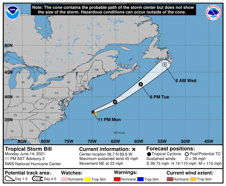 ouragans's tweet photo. A 3h TU le NHC classe la #DT2 en tempête tropicale Bill 

TT #Bill centrée à 3h TU par 36.7N 69.8W soit 540 km au NE du Cap Hatteras (Caroline du Nord), vents maxi 75 km/h, déplacement vers le NE ou 55° à 37 km/h, pression mini 1003 mb https://t.co/NlTmBTwgok