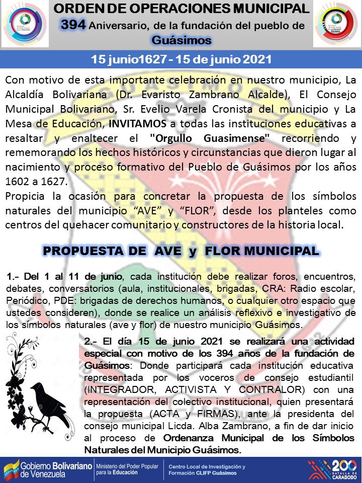 #15Junio #Táchira #Aniversario Nos unimos a la celebración de los 394 Años de la Fundación del Pueblo de Guásimos 🌳El @Ltoiquito presenta su propuesta de Símbolos Naturales para el Municipio Guásimos.
<a href="/charlychaves/">Charly Rojas Chaves</a> 
@ZonaEducTachira 
<a href="/eduardopiate2/">eduardo piñate</a>
<a href="/RosangelaOrozco/">Rosangela Orozco</a>
<a href="/FreddyBernal/">Freddy Bernal</a>