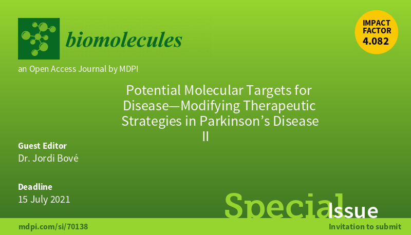 Biomol_MDPI's tweet photo. #ClosingSI
⚠️30 days left! "Potential #MolecularTargets for #Disease—Modifying #Therapeutic Strategies in #Parkinson’s Disease II" 

📢Submissions are open.
✏️Guest edited by Dr. Jordi Bové @VHIR_
👉https://t.co/0N3ZAuYeZX https://t.co/YSfE94Tgnc
