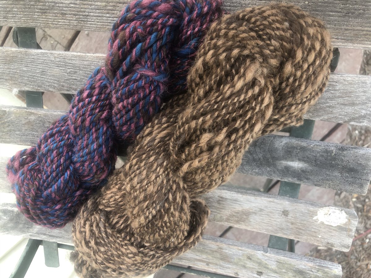 HomesteadwView's tweet image. Spun up these beauties today. The three ply is alpaca, wool and angora rabbit and the two ply is wool and camel!