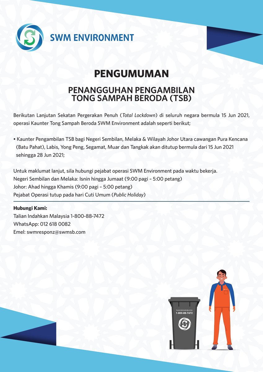 swmenvironment's tweet photo. SWM Environment ingin memaklumkan bahawa pengambilan Tong Sampah Beroda (TSB) kini ditangguhkan di beberapa lokasi buat sementara waktu berikutan lanjutan Sekatan Pergerakan Penuh 15 Jun - 28 Jun 2021 seperti tertera di bawah.

#swmenvironment https://t.co/BOFmujCN9x