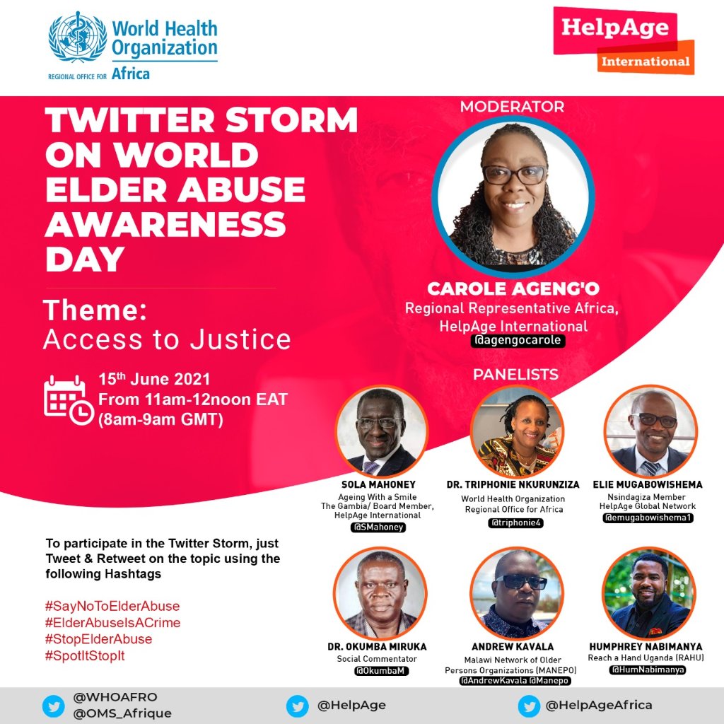 HelpAgeAfrica's tweet photo. Lets do this. Its time to give a voice to one of the worst manifestations of ageism and inequality in our society; #ElderAbuse. If you #SpotItStopIt #ElderAbuseIsACrime 
@WHOAFRO @HelpAge @HumNabimanya @agengocarole @SMahoney @triphonie4  @AndrewKavala @Manepo @mugabowishema1 https://t.co/yCO0Mit8RD