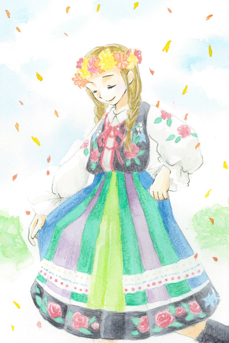 あおや ポーランドのドレス カラフルでかわいい アナ雪思い出しますね 参考 世界のかわいい民族衣装 誠文堂新光社 ガールズイラスト 女の子イラスト ファッションイラスト Illustration イラスト アナログイラスト