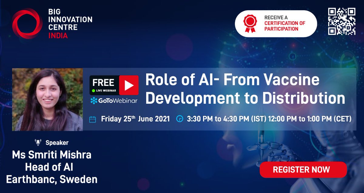 A torchbearer for Artificial Intelligence and mental health and also our next Speaker, Ms Smriti Mishra. Join our Webinar 'Role of AI: From Vaccine Development to Distribution' on 25th June 2021. 
Sign Up:  lnkd.in/gcz8s-7
#BICIndia #BIC #innovation #webinar #AI