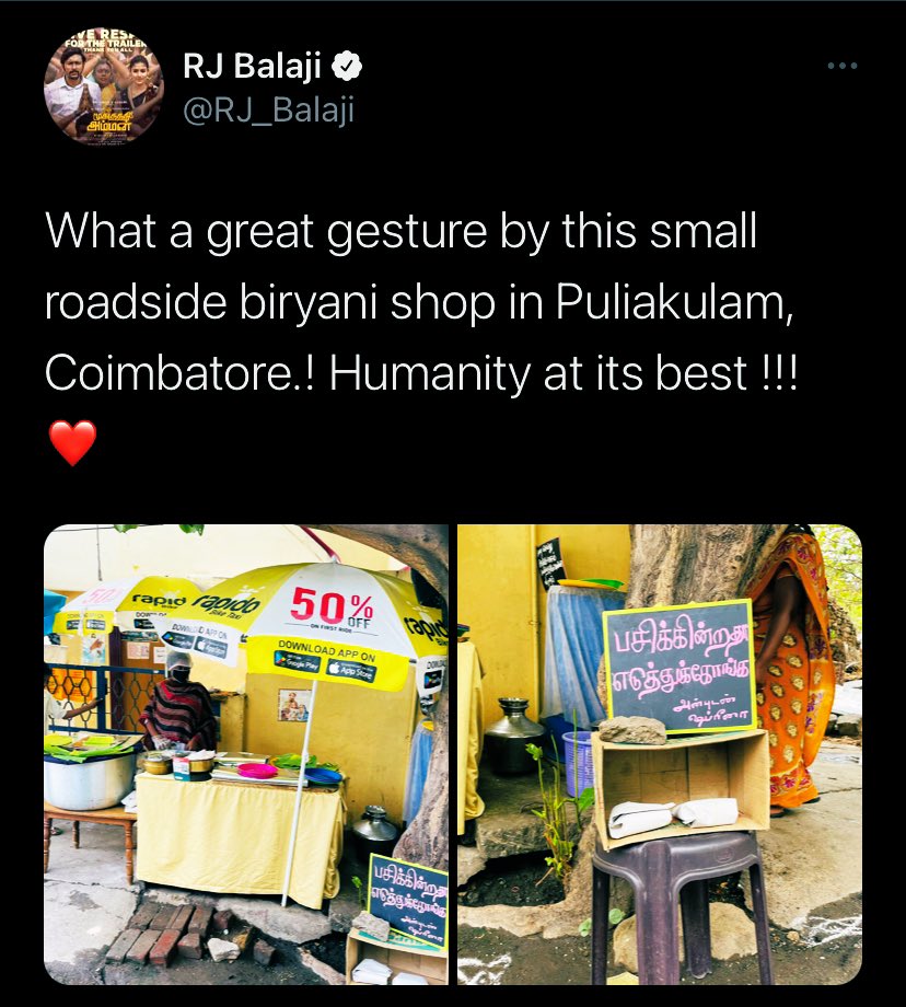 happy2hog's tweet photo. You don’t have to be rich by money, to do charity. Just be rich by heart !! Here’s a roadside biryani seller saying “Are you hungry ? Take this for free” #tuesdaymotivations #tuesdayvibe #biryani #biryanilove #humanityisalive https://t.co/u229OqDOYr