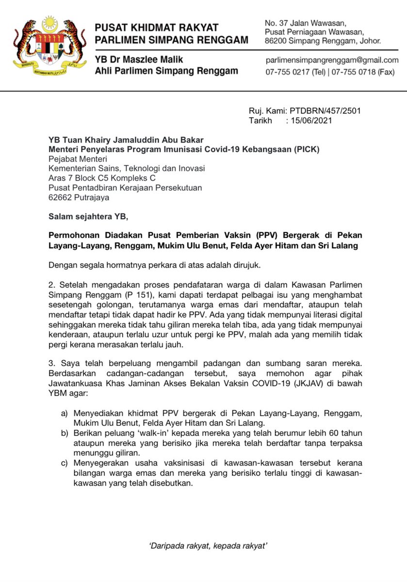 Maszlee Malik On Twitter On Behalf Of The Citizens Of Simpang Renggam I Would Like To Thank The D O Of Kluang And Also The Secretary General Of Mosti For Their Timely
