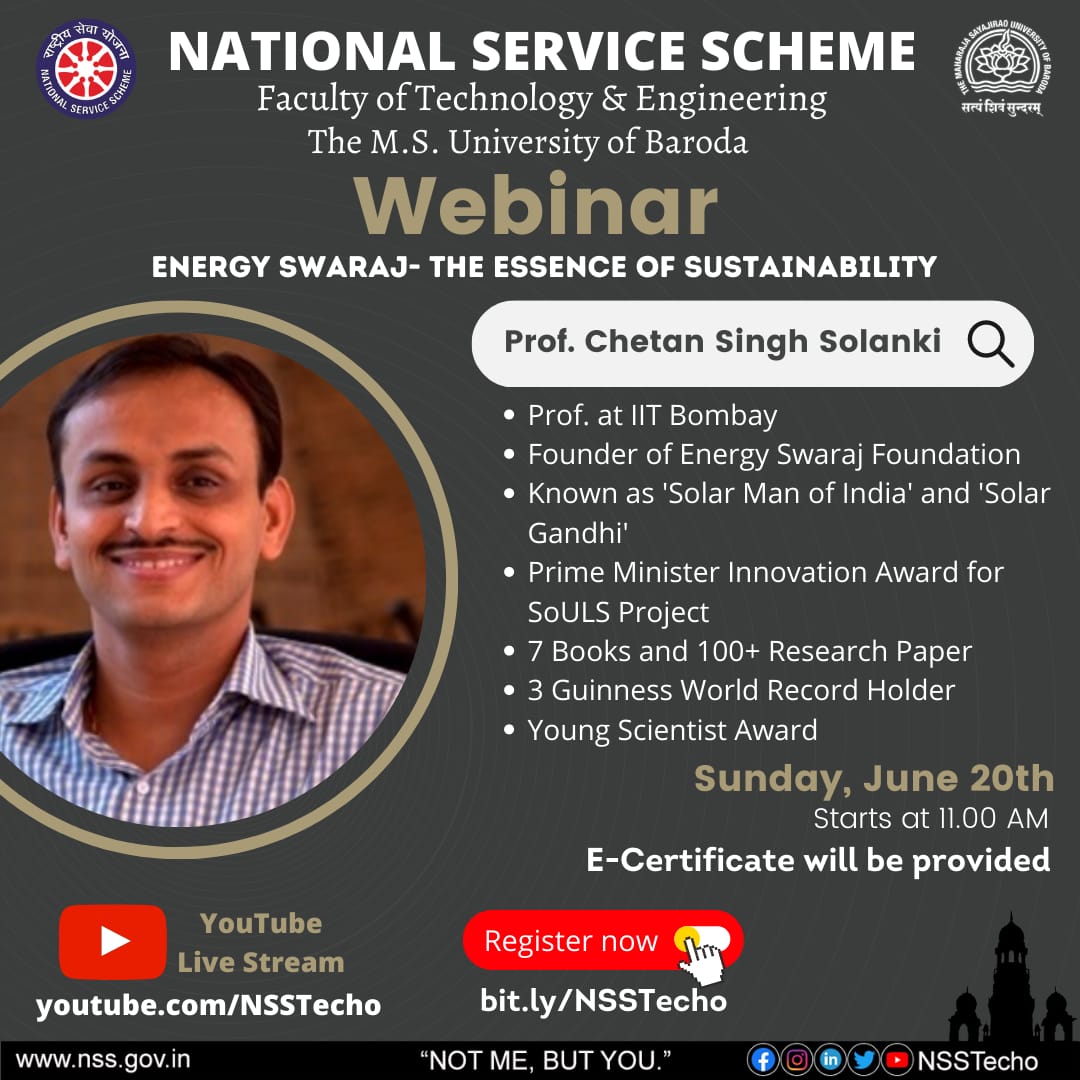 nss_techo's tweet photo. Join us on this National Webinar on "Energy Swaraj - The Essence of Sustainability" with Prof. Chetan Singh Solanki, on 20th June, Sunday at 11 AM.

📝 Register Now :
https://t.co/z4HXEHptAk

#Webinar #EnergySwaraj #chetansinghsolanki #nationalservicescheme #nsstecho 
#msubaroda https://t.co/WqvhrUxYHz