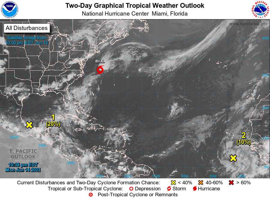 SheaGibsonWx's tweet photo. #TD2 was upgrade to #TSBill at the 11pm update. No threat to the US, although Newfoundland may see some gusty winds and additional swell in time. https://t.co/DRYFCHPIv7
