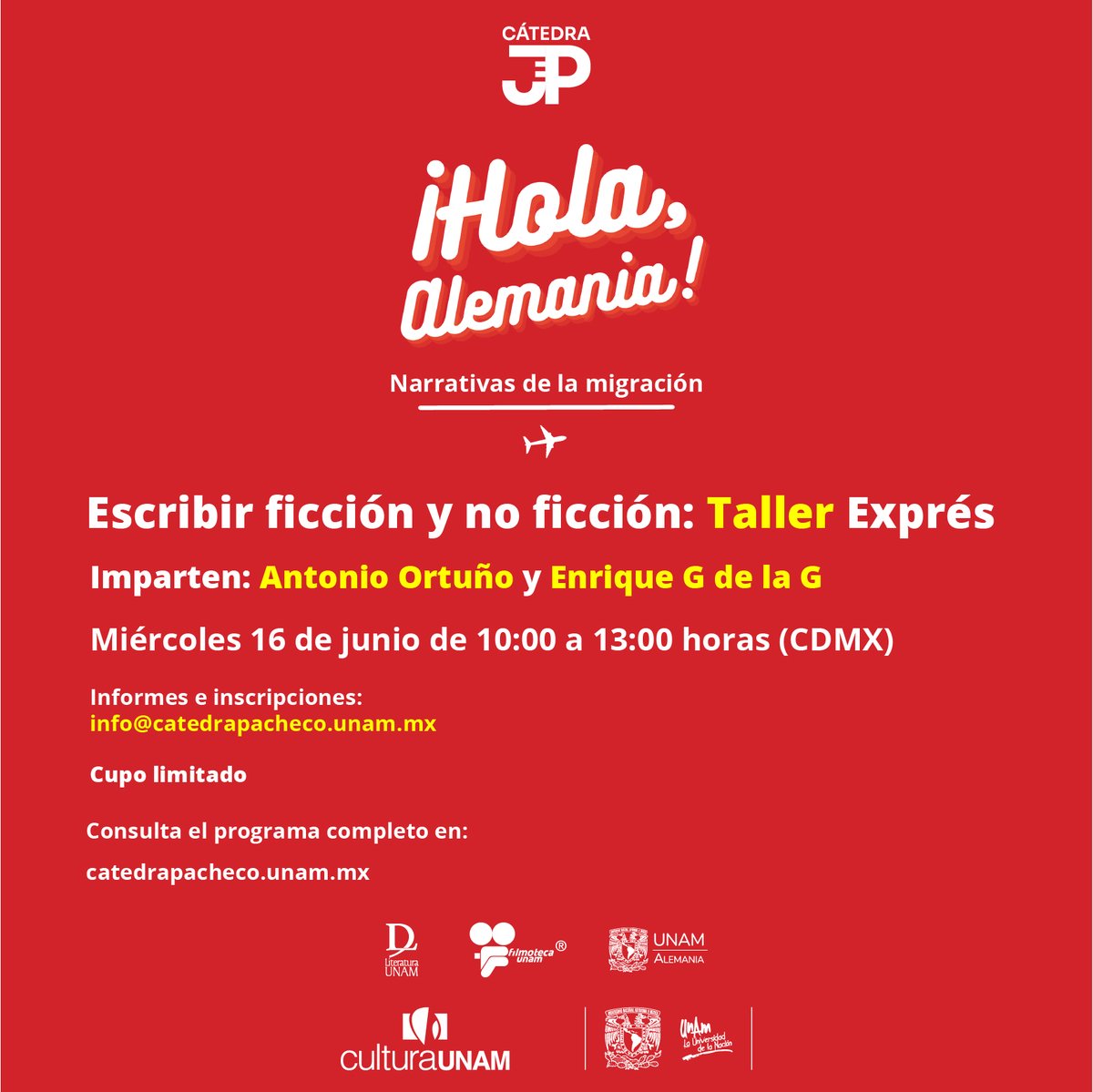 #TallerExprés 

Suelta la mano y lánzate a escribir ficción y no ficción con @AntonioOrtugno y <a href="/enriquegdelag/">Enrique G de la G</a> 

✍️Inscríbete hoy y escribe mañana: bit.ly/3v46nF2