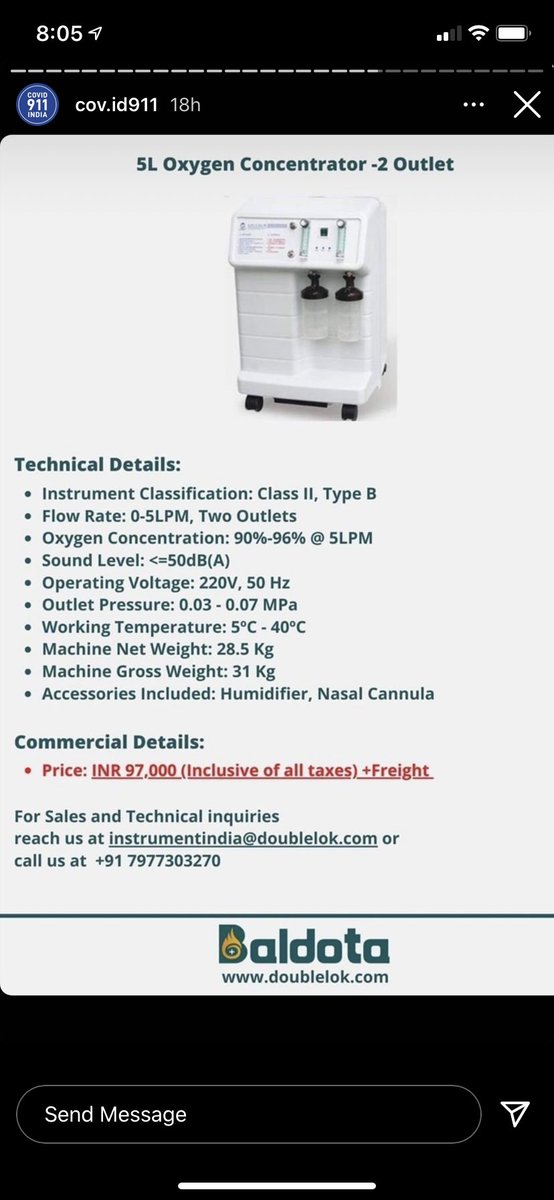 #OxygenConcentrator available

Medical Grade, 5 LPM, Dual Flow 

Price: INR 97,000 ( all taxes included)

baldota@doublelok.com

Contact Number: +91 7977303270

#COVID19 #COVIDEmergency #Covid19IndiaHelp #OxygenConcentrator #oxygencylinder #OxygenBanks #mumbai #pune #Ahmedabad