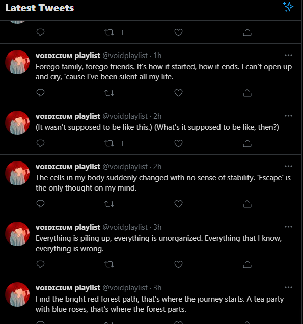 / i follow so little active accounts on here that my entire timeline is just my own bot