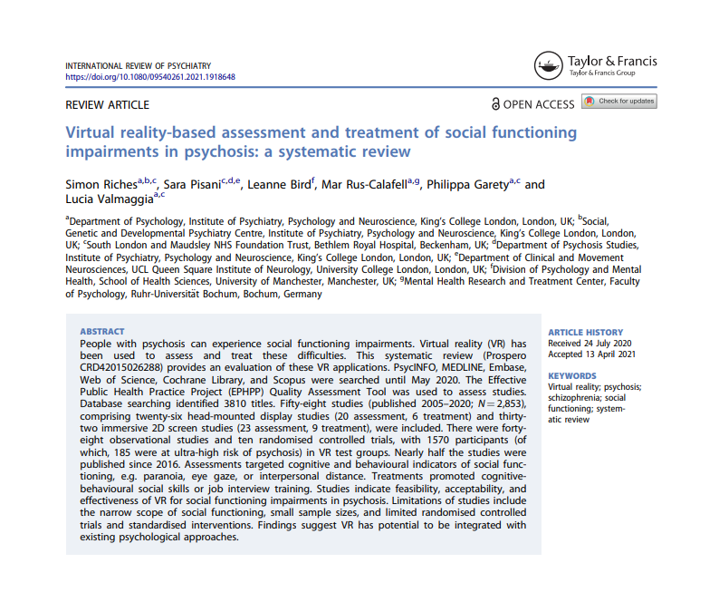 Simon Riches (@sjriches) on Twitter photo Our paper 'Virtual reality-based assessment and treatment of social functioning impairments in psychosis: A systematic review' out now & open access <a href="/IntRevPsych/">International Review of Psychiatry</a> <a href="/SaraPisani12/">Sara Pisani</a> <a href="/Leanne_DBird/">Leanne Bird</a> <a href="/MRusCalafell/">Mar Rus-Calafell</a> @Lucia_Valmaggia #VirtualReality #VR #mentalhealth tandfonline.com/doi/full/10.10… Our paper 'Virtual reality-based assessment and treatment of social functioning impairments in psychosis: A systematic review' out now & open access <a href="/IntRevPsych/">International Review of Psychiatry</a> <a href="/SaraPisani12/">Sara Pisani</a> <a href="/Leanne_DBird/">Leanne Bird</a> <a href="/MRusCalafell/">Mar Rus-Calafell</a> @Lucia_Valmaggia #VirtualReality #VR #mentalhealth tandfonline.com/doi/full/10.10…