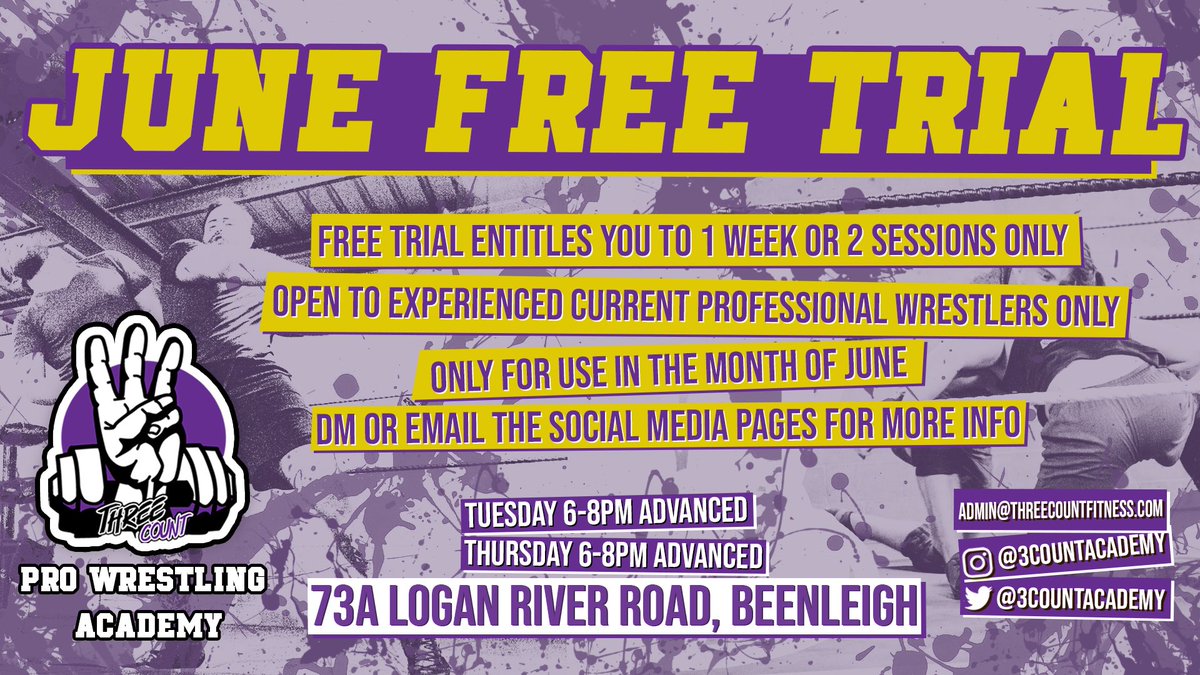 DUNKZILLADavis's tweet image. HEYO!

the school I coach at, @3CountAcademy is currently offering a free trial for the month of June. 

If you’re a wrestler in the Brisbane area I invite you to come check out what the school is about with 2 sessions completely free, on me, no strings attached