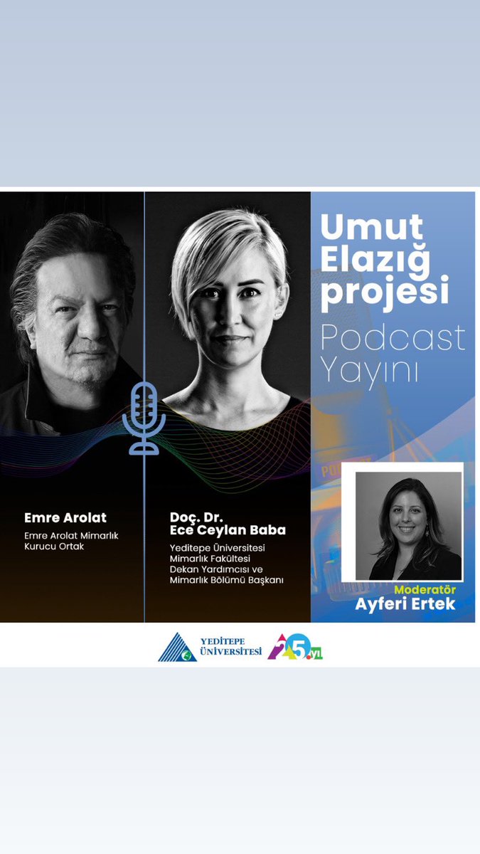 Umut-Elazığ projesi üzerine gerçekleştirdiğimiz podcast kaydına Yeditepe Üniversitesi Mimarlık Fakültesi podcast kanalı üzerinden erişebilirsiniz. <a href="/EmreArolatArch/">EAA</a> <a href="/YeditepeUni/">YeditepeÜniversitesi</a> <a href="/7tepemimduyuru/">Yeditepe Üniversitesi Mimarlık Bölümü</a> <a href="/Sustainable7Tep/">Sustainable Yeditepe</a>