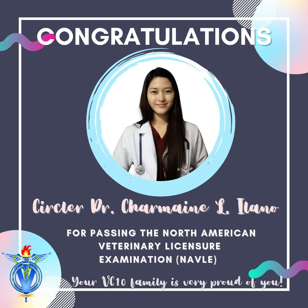Congratulations to our very own Circler Dr. Charmaine L. Ilano for passing the North American Veterinary Licensure Examination (NAVLE)!

Indeed, the journey has been long and arduous, but all your hard work was definitely worth it.

#VC10 #RiseAboveMediocrity #NAVLE
