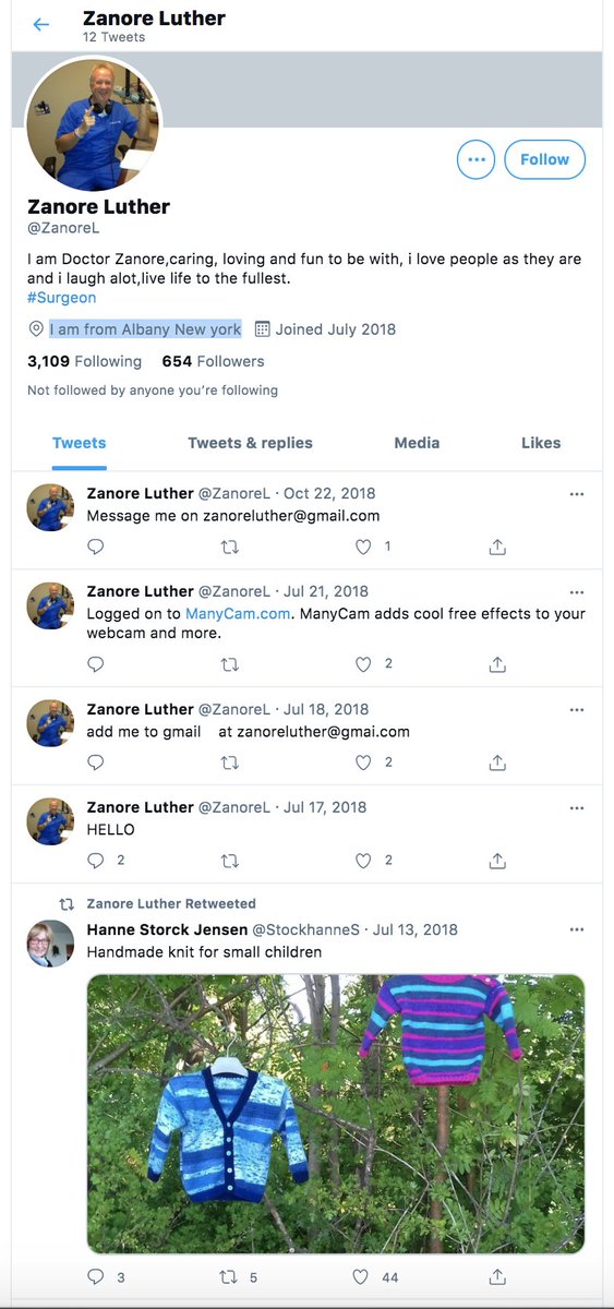 From above we can see that Janine is somewhere in Australia (w/ Swedish activism)As we can see from 3 first followers, two are from New York, and also 2 looks like bots who finished posting long time ago. One from them has 654 followers with 12 tweets, last message 2018: