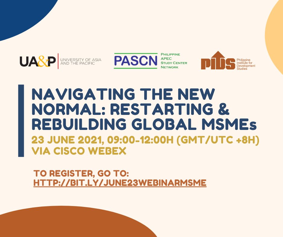 uapbea's tweet photo. The Business Economics Association invites everyone to the Philippine APEC Study Center Network’s (PASCN) Annual Symposium on June 23 at 9:00 AM via Cisco Webex. 

This was organized by UA&amp;P and its partner, the Philippine Institute for Development Studies. 

(1) https://t.co/uZWRTEYjdZ